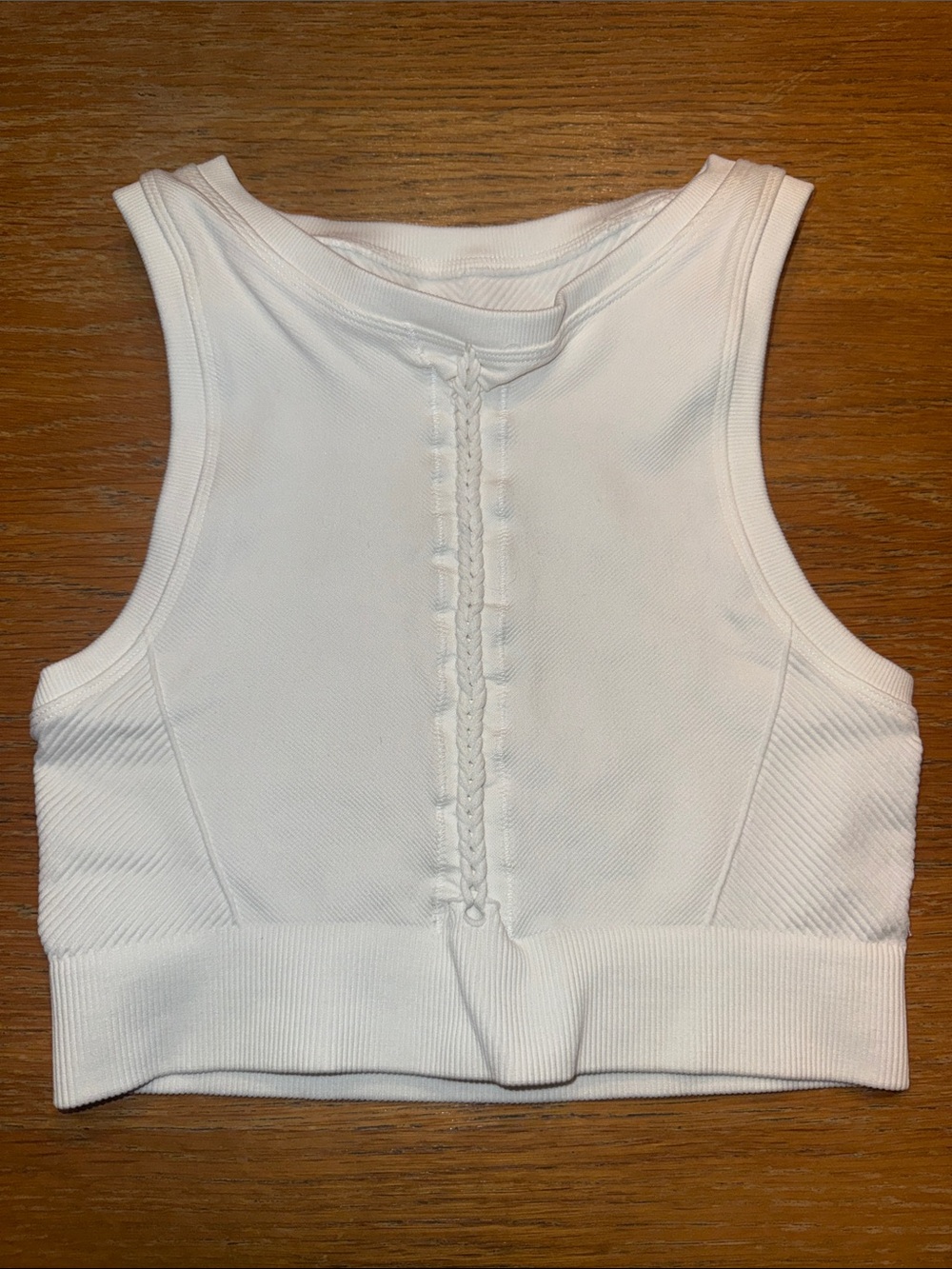 White Cropped Ribbed Tank with Center Braid Detail